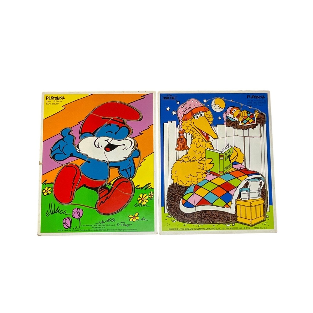 VTG Playskool Wood Brd Puzzles 1982 Papa Smurf & 1984 Sesame Street Big Bird